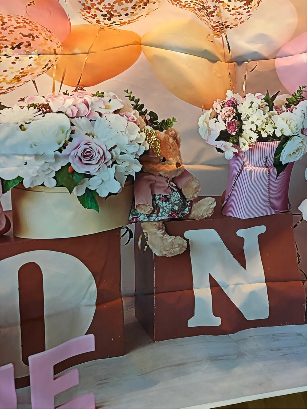 1st Birthday Girl Pink Party Napkins and Sash Set with photo backdrop and banner
